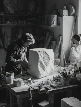 Artisan at Work: A skilled artisan meticulously sculpts a stone, surrounded by the tools of their craft and the soft glow of natural light, in a studio setting.
