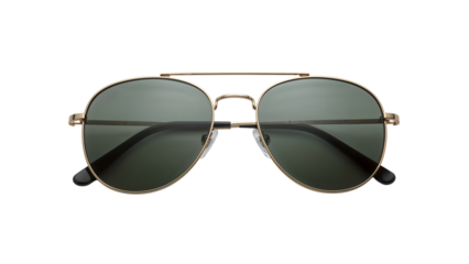 Classic aviator sunglasses with green lenses and gold frame on the transparent background for modern fashion accessories and summer style concepts