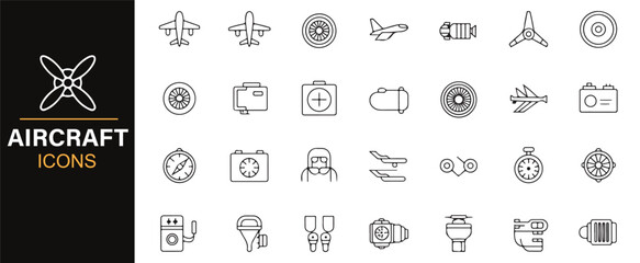 Set of line art aviation icons representing various airplane components