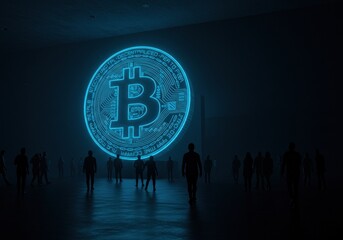 A glowing bitcoin symbol looms over a crowd, symbolizing digital currency and the future of finance.