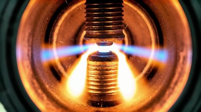 High-energy spark plug firing and igniting fuel inside a combustion chamber