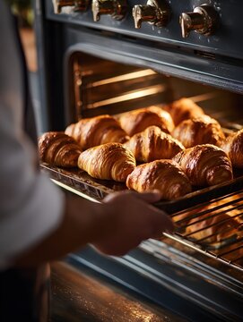 Golden Croissants Baking: A baker tenderly removes a tray of golden-brown croissants from a preheated oven, promising warm, buttery deliciousness and the simple pleasure of freshly baked pastry.