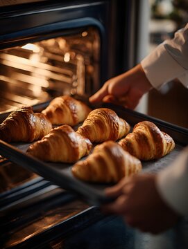 Golden Croissants: A baker retrieves freshly baked, golden croissants from a warm oven. Capturing the artisan craftsmanship and inviting aroma.