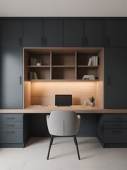 Minimalist home office with dark grey cabinets and light wood desk