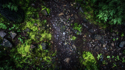 Lush green mossy forest floor with rocky path and ferns rocks