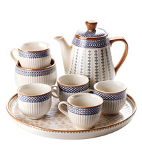 Photo of traditional ceramic tea set with cups and teapot, isolated on transparent background