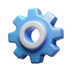 Blue and White Gear Icon with Central Ring Detail.