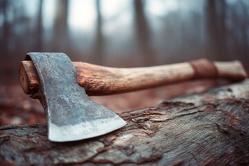 Rustic axe resting on a fallen log in a foggy forest during early morning light