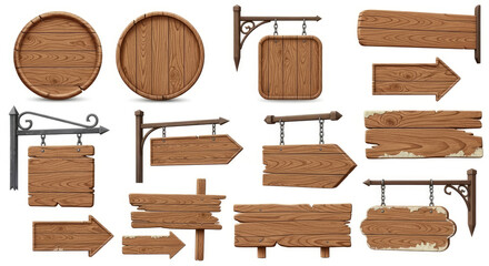 Naklejka premium Collection of rustic wooden signs, various shapes and styles, isolated on white background.