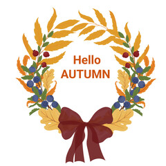wreath of leaves and berries. Hand drawn autumn typography poster with colorful leaves. Vector illustration Hello Autumn lettering for greeting cards, invitations. Seasonal frame, border for sale, web