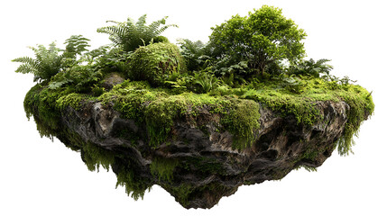Lush green mossy island with ferns and trees suspended in air floating island