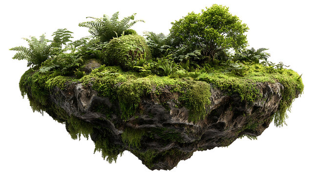 Lush green mossy island with ferns and trees suspended in air floating island - Powered by Adobe