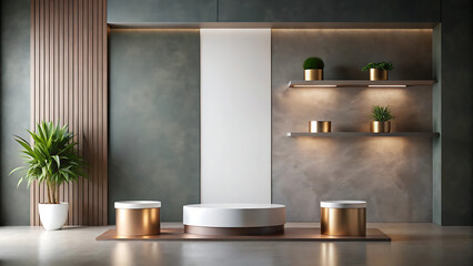 Modern minimalist interior design with display podiums, shelves, plants, and gold accents