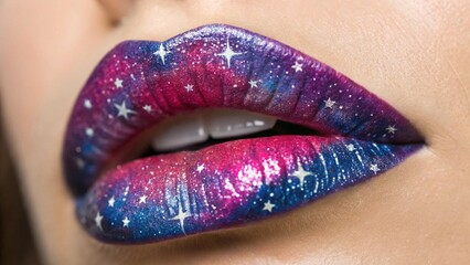 Close Up of Lips with Cosmic Galaxy Lipstick Art in Purple and Blue for Celestial Theme