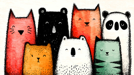 A group of cartoon cats and bears are standing next to each other. The cats are orange and white, while the bears are black and white. Scene is playful and lighthearted, as the animals are all smiling