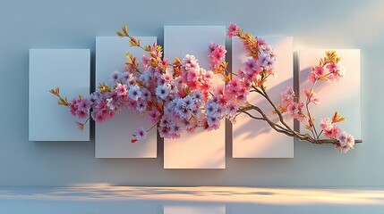 Pink cherry blossom art on white panels
