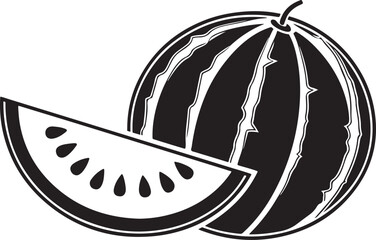 Black and white illustration of a whole watermelon and a slice