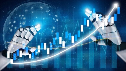 Dynamic robotic hands interact with data trends and charts, symbolizing the convergence of advanced technology and financial analysis in a digital landscape. Copula