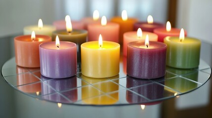 Colorful candle display with round grid mirror reflection and warm cozy ambiance