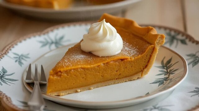 Classic pumpkin pie topped with whipped cream and served