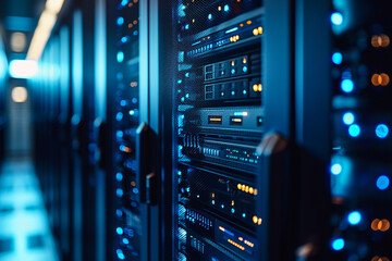 Aisle of Server Racks in a Modern Data Center with Glowing Lights