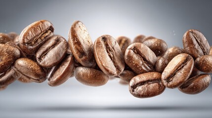 Obraz premium Roasted coffee beans levitate in mid-air, a smooth, light-gray backdrop accentuates the brown beans