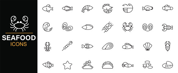Collection of seafood-related icons, including sushi, fish, and seafood dishes