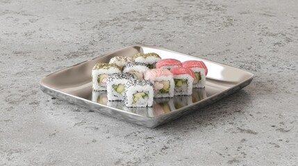 Assorted sushi rolls on a metallic platter, showcasing various colors and fillings
