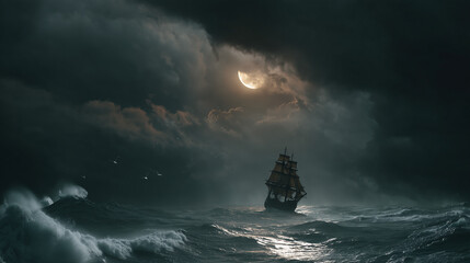 Fototapeta premium Ghost ship sailing across stormy Halloween night