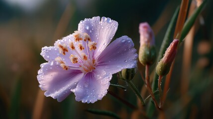 delicate wildflower covered in morning dew, with a blurred background