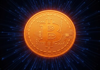 Golden Bitcoin coin with a technological network radiating from it on dark background.