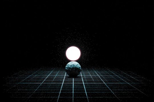 Ball & Circle on Grid, 80s Aesthetic, Dark Background, Synthwave Style, Pixelated Texture, Abstract Design, Cosmic, Futuristic