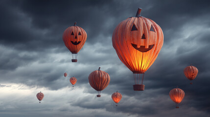 Obraz premium Pumpkin-shaped hot air balloons floating in spooky sky