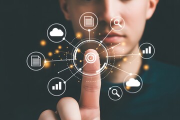 Digital Touch: A person interacting with a holographic interface, highlighting innovation and the future of technology.