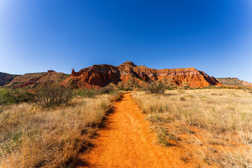 Stunning View of Palo Duro Canyon in Texas with Red Rock Formations Under a Clear Blue Sky
