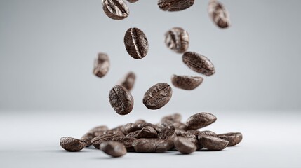 Fototapeta premium Coffee beans falling in mid-air, a pile below. A still life of roasted coffee beans in motion
