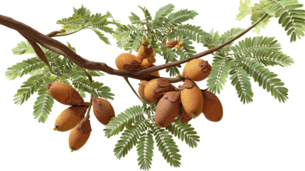 PNG of Cluster of ripe gum arabic pods on a lush green branch.
