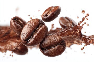 Obraz premium Coffee beans in mid-air, surrounded by liquid splash