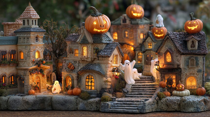 Fototapeta premium Halloween village with animated pumpkins and ghosts