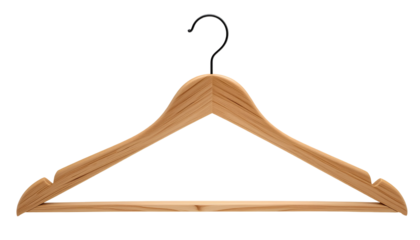 Wooden Hanger Photo – Curved Top and Straight Bottom Garment Holder Isolated on Transparent Background