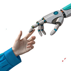 Human and robot hands reaching out isolated on transparent background