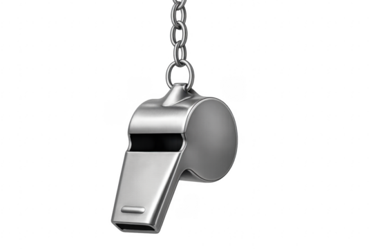 Silver whistle hanging on a chain on transparent background