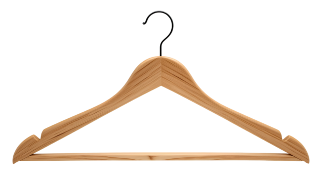 Wooden Hanger Photo – Curved Top and Straight Bottom Garment Holder Isolated on Transparent Background