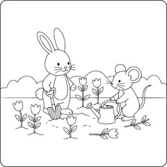 Cute bunny and mouse gardening and watering flowers in black and white cartoon line art for kids spring coloring page