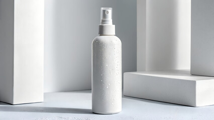 Elegant white spray bottle with water droplets, perfect for modern beauty product promotion.