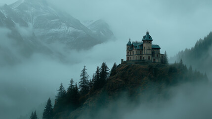 Naklejka premium Floating haunted mansion above a foggy mountain