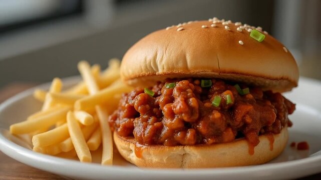 Savory sloppy joe mixture in a bun and served hot