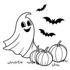 happy halloween ghost, bats and pumpkins isolated on vector illustration of black and white coloring page