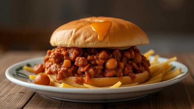 Savory sloppy joe mixture in a bun and served hot
