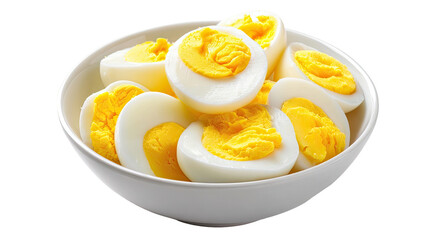 Sliced hard-boiled eggs in a white bowl